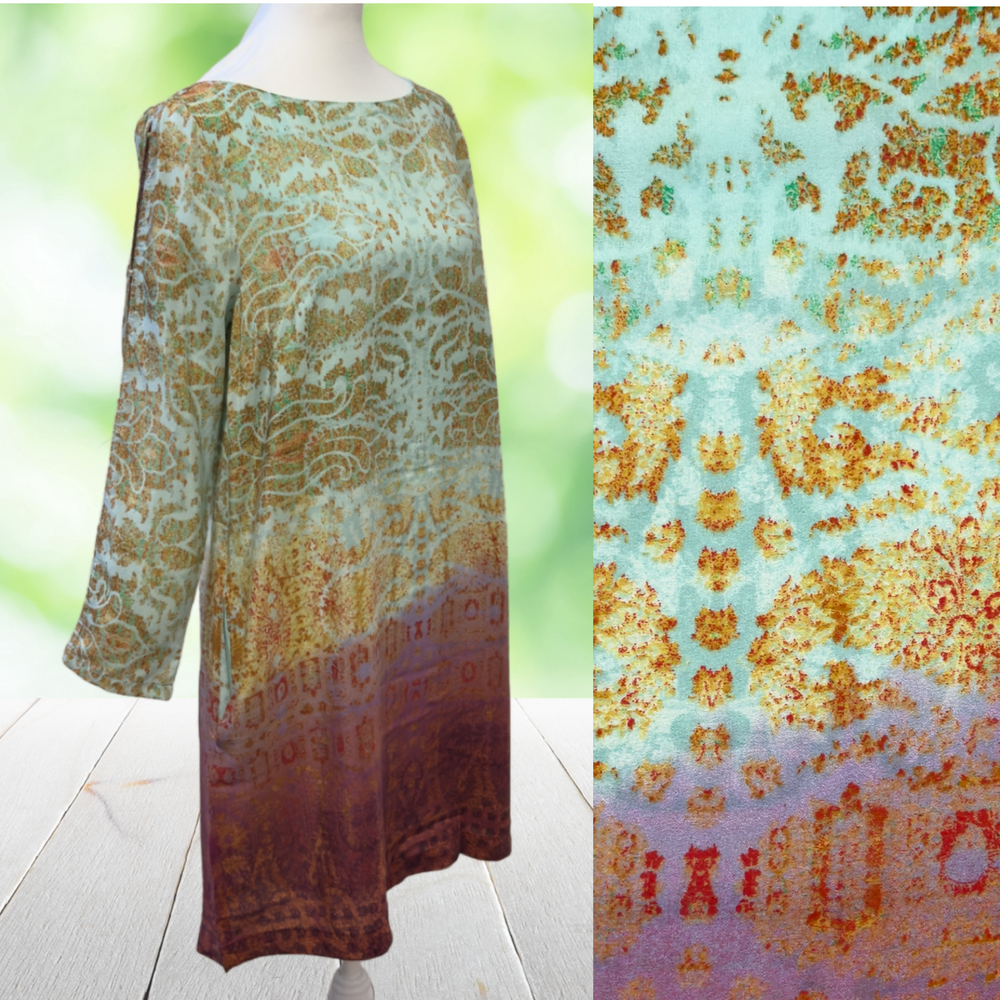 MAEVE Anthropologie Silk Shift Dress Slot Sleeve Ombre Damask Boho Size S